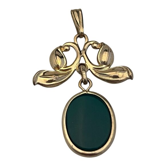 Vintage 1950s Art Nouveau Revival Pendant Green Cabochon Gold Filled - 7S - Picture 4 of 5
